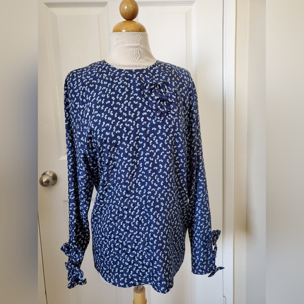 Vintage Julie Francis Blue Silk Long Sleeve Blouse Women's Size 8 Medium